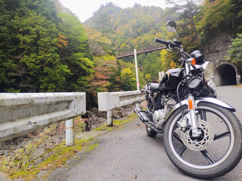 みたらい渓谷の紅葉とYB125SP